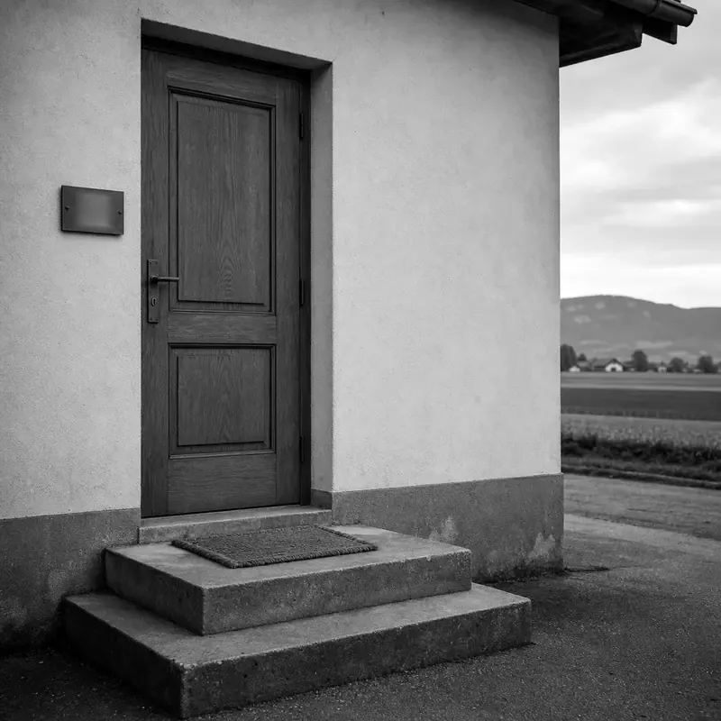 Ein schlichter Eingangsbereich eines Schweizer Seeland-Dorfgebäudes, eine geschlossene Holztür mit kleinem Hausnummernschild — typische Pieterlen-Region-Vernakulararchitektur.