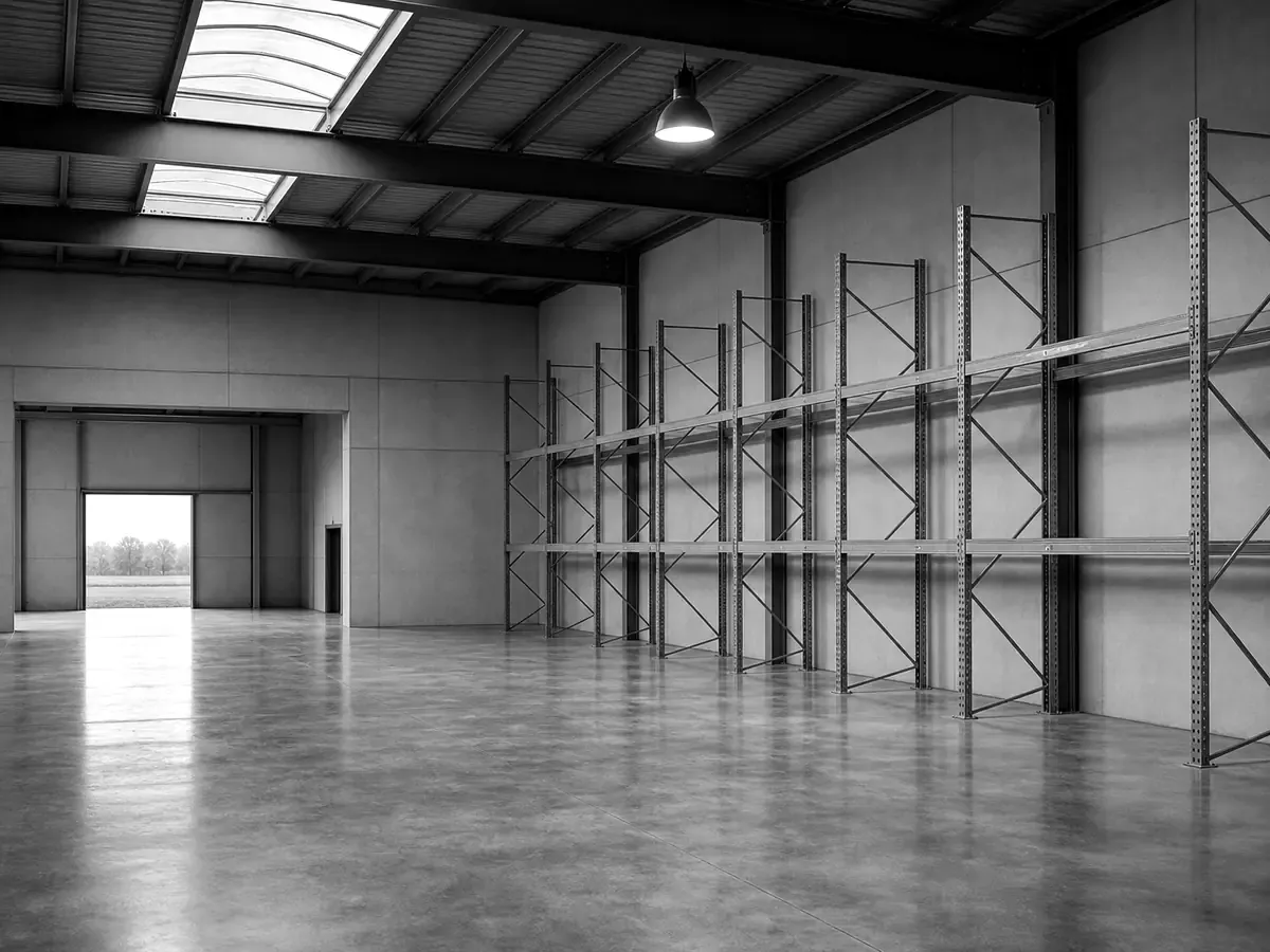 Eine Innenaufnahme einer frisch fertiggestellten, noch leeren Lagerhalle: polierter Betonboden im Vordergrund, freiliegende Stahldachkonstruktion oben, leere Stahlregale an einer Seite, eine einzelne Industriependelleuchte.